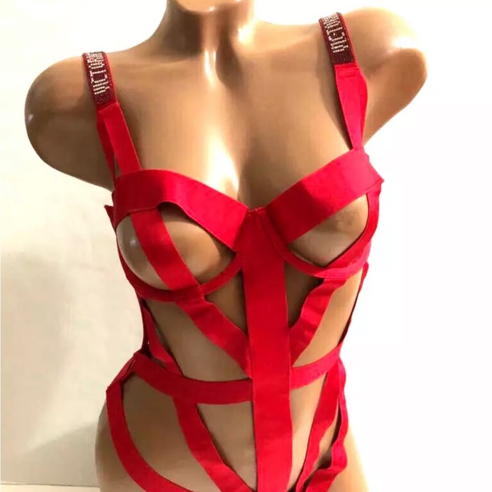 Victoria’s Secret Shine Strap Luxe strappy BandedCaged Teddy/Lingerie Red L NWOT